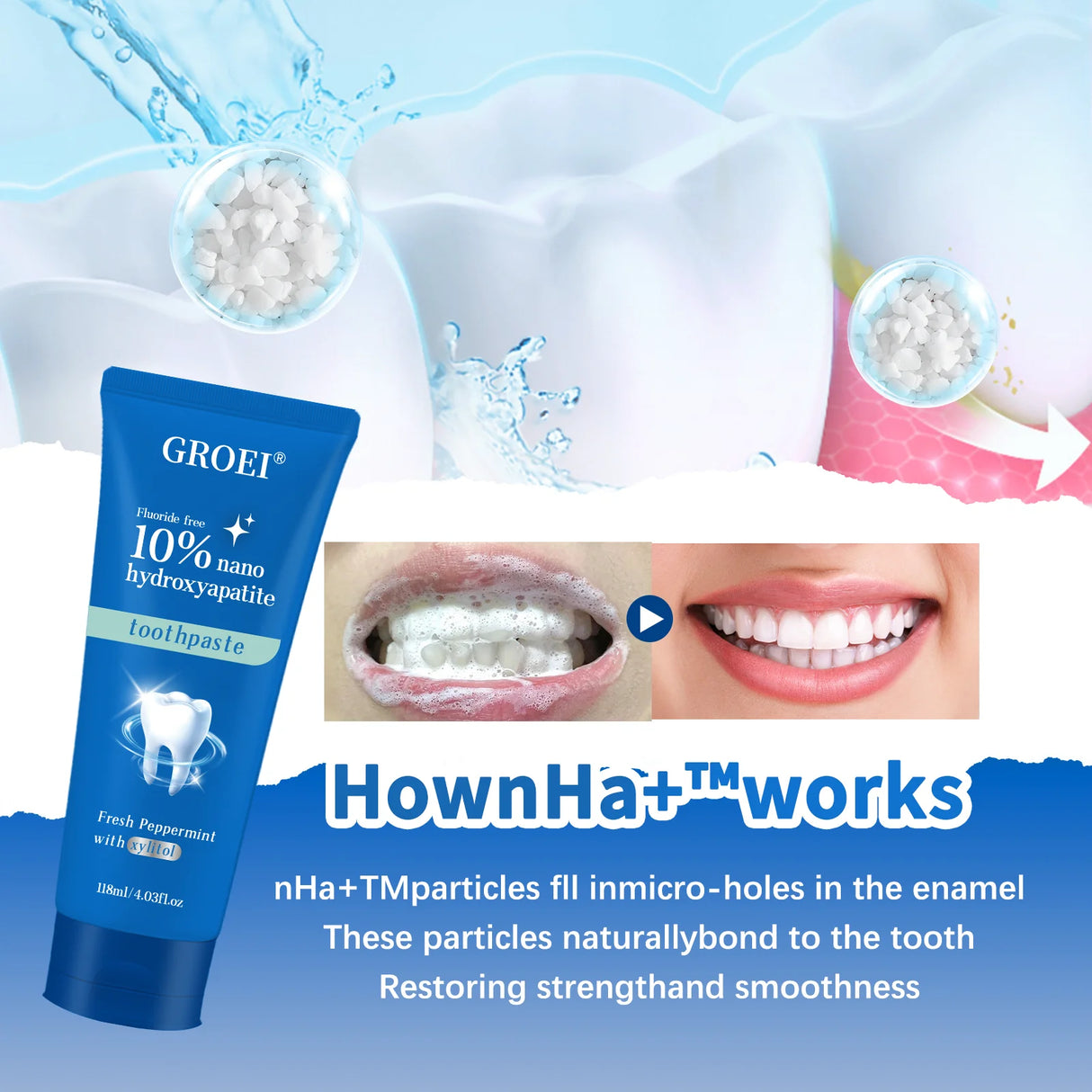 GROEI toothpaste tube with dental hygiene visuals and text about HownHa+ technology.