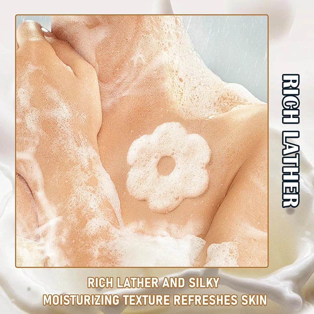 Close-up of rich lather with text highlighting its moisturizing properties.