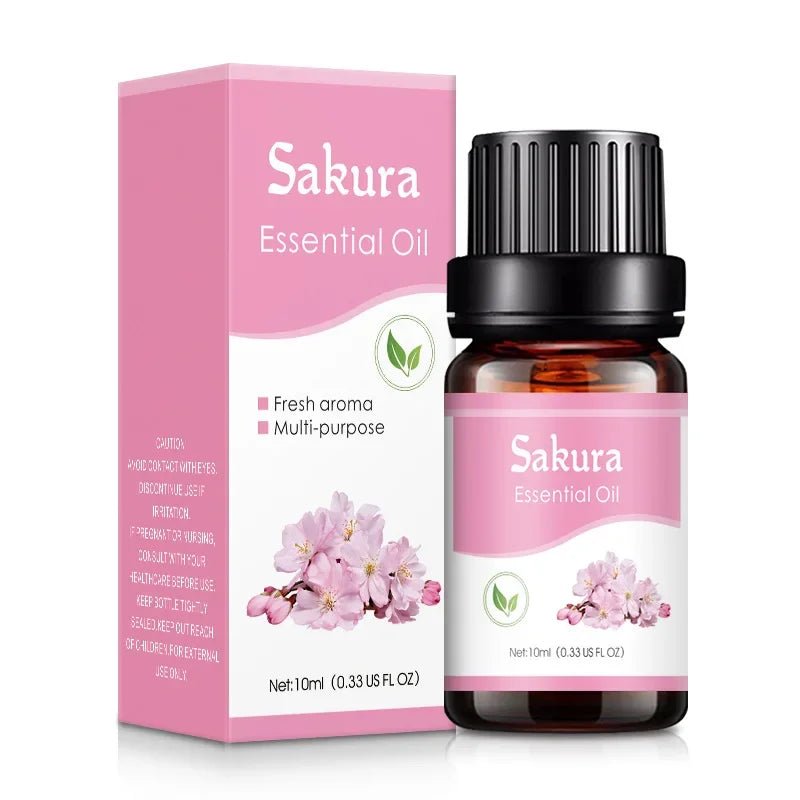 Sakura essential oil bottle and packaging on a white background