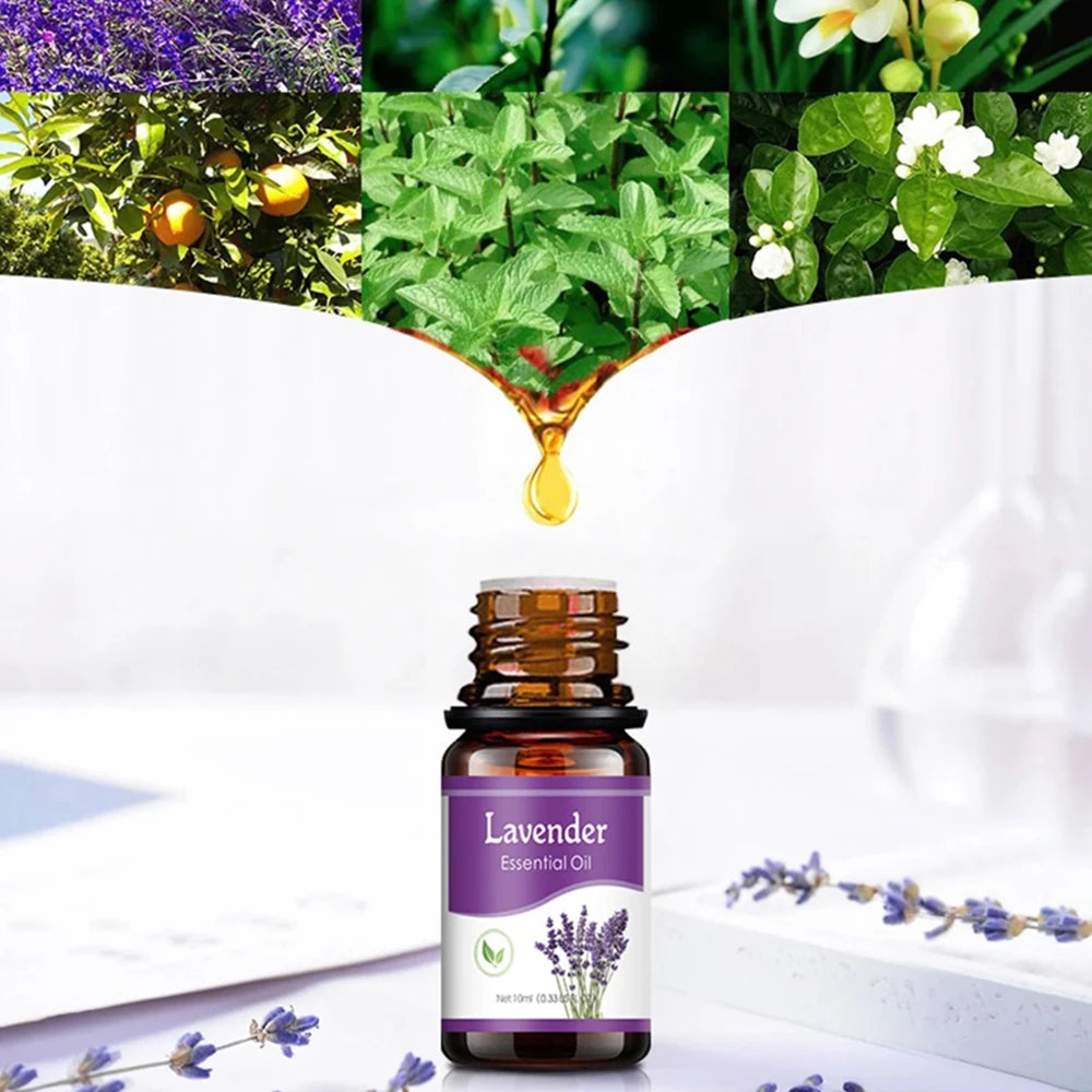 Bottle of lavender essential oil with images of lavender plants in the background