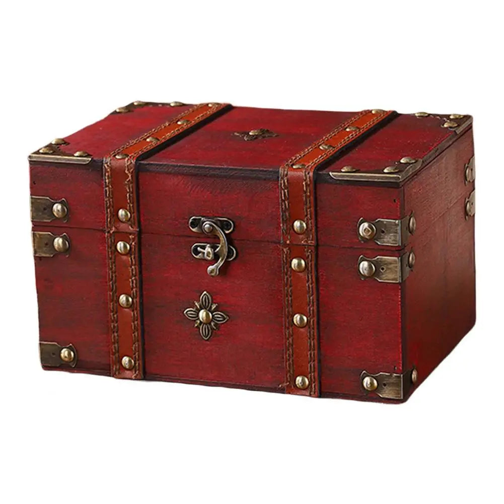 Red wooden treasure chest with brass accents on a white background