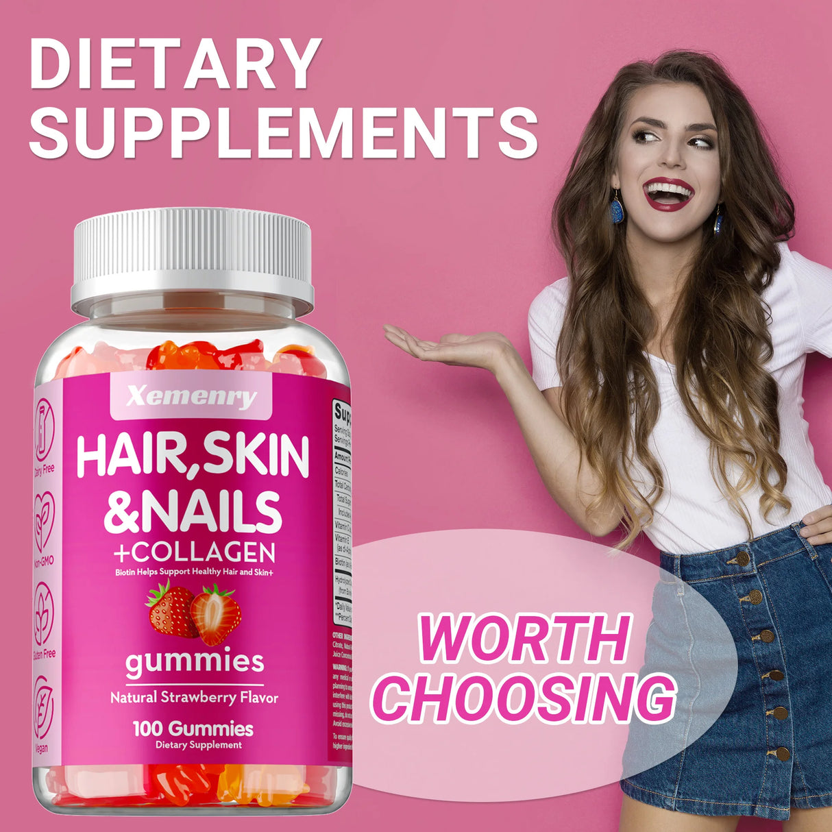Xemenry hair, skin, nails, and collagen gummies bottle with a woman on a pink background