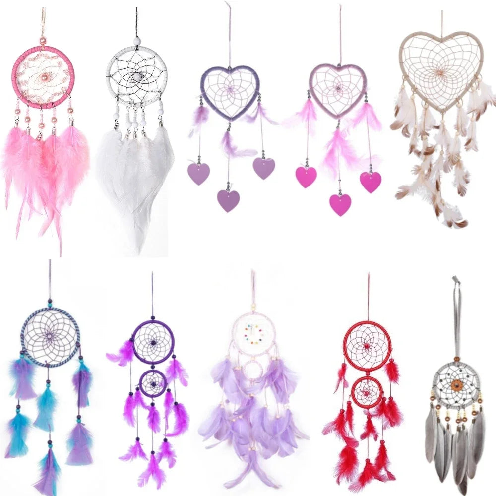 Collection of colorful dream catchers with feathers on a white background