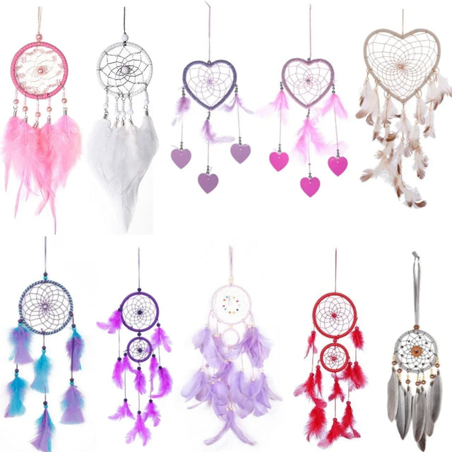 Collection of colorful dream catchers with feathers on a white background