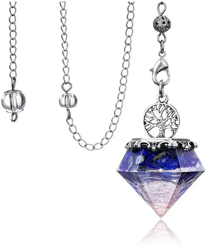 Necklace with a blue crystal pendant and silver chain on a white background