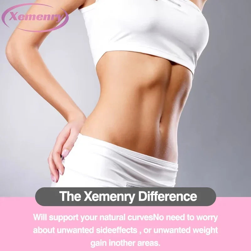 Person wearing a white top and skirt with a gray background and Xemenry branding.