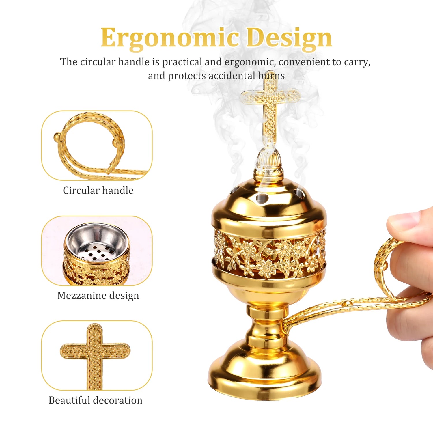 Gold incense burner with ergonomic design features and cross decoration.