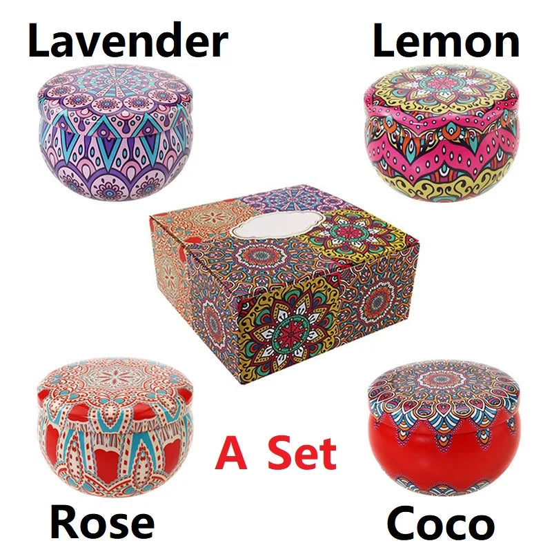 Colorful patterned boxes and containers with labels for Lavender, Lemon, Rose, and Coco on a white background.