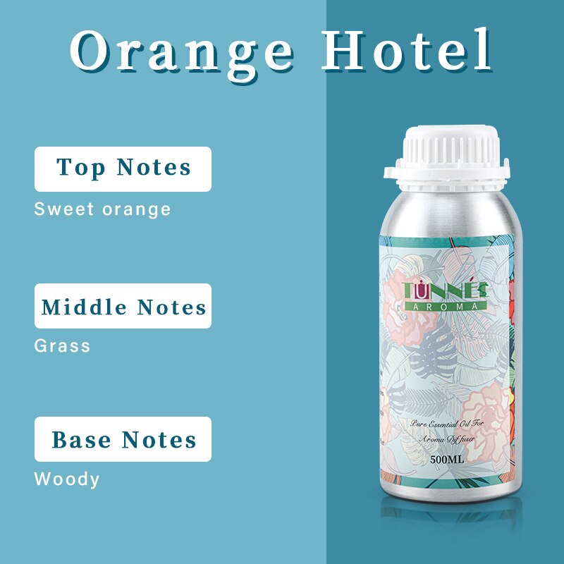 Bottle of Tunnés Aroma essential oil with notes description on a blue background