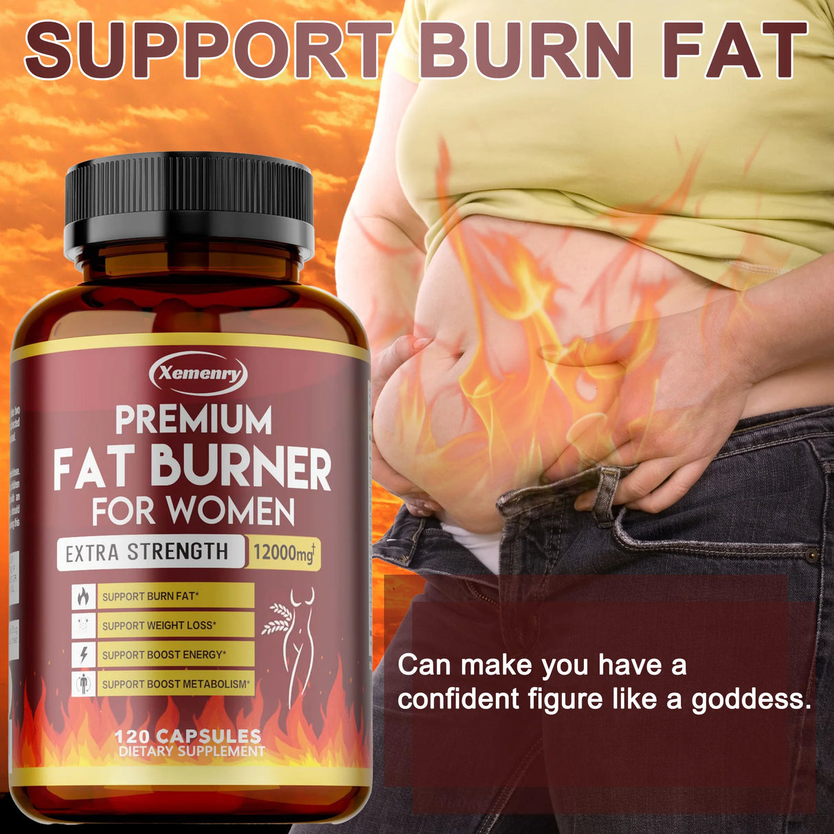 Fat burner supplement bottle with a person holding their stomach, labeled 'Support Burn Fat'.