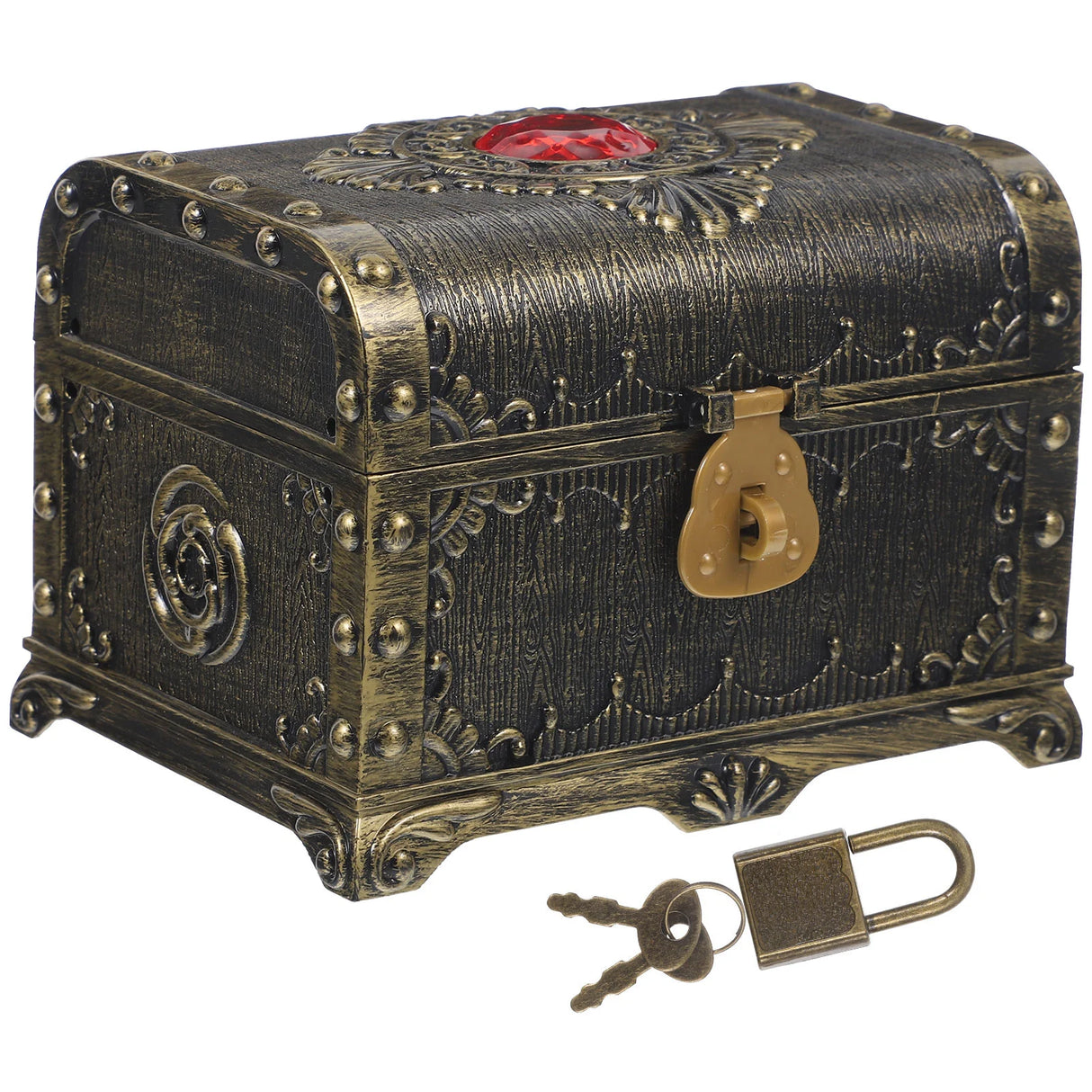Decorative treasure chest with lock and keys on a white background
