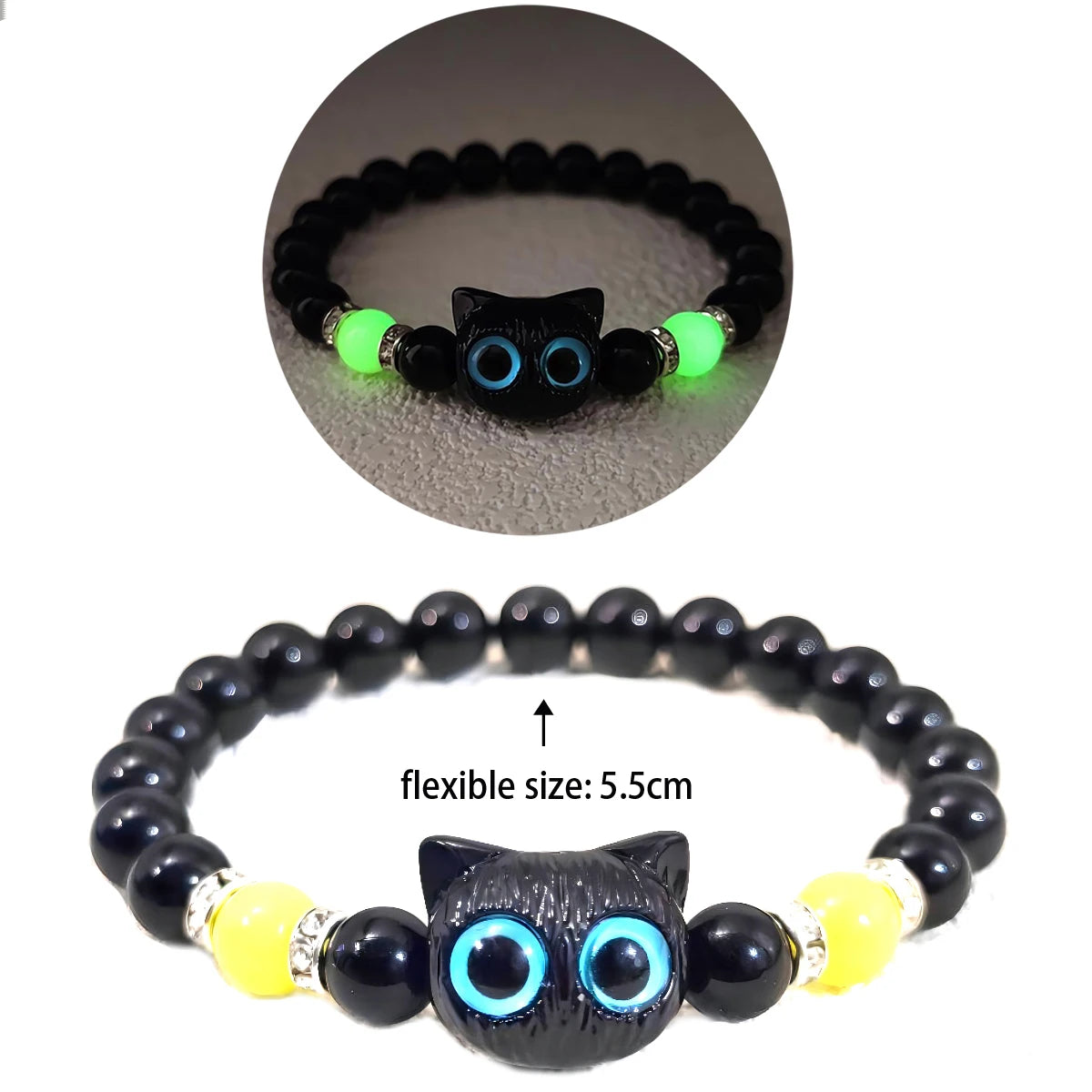 Black beaded bracelet with cat-shaped beads on a white background