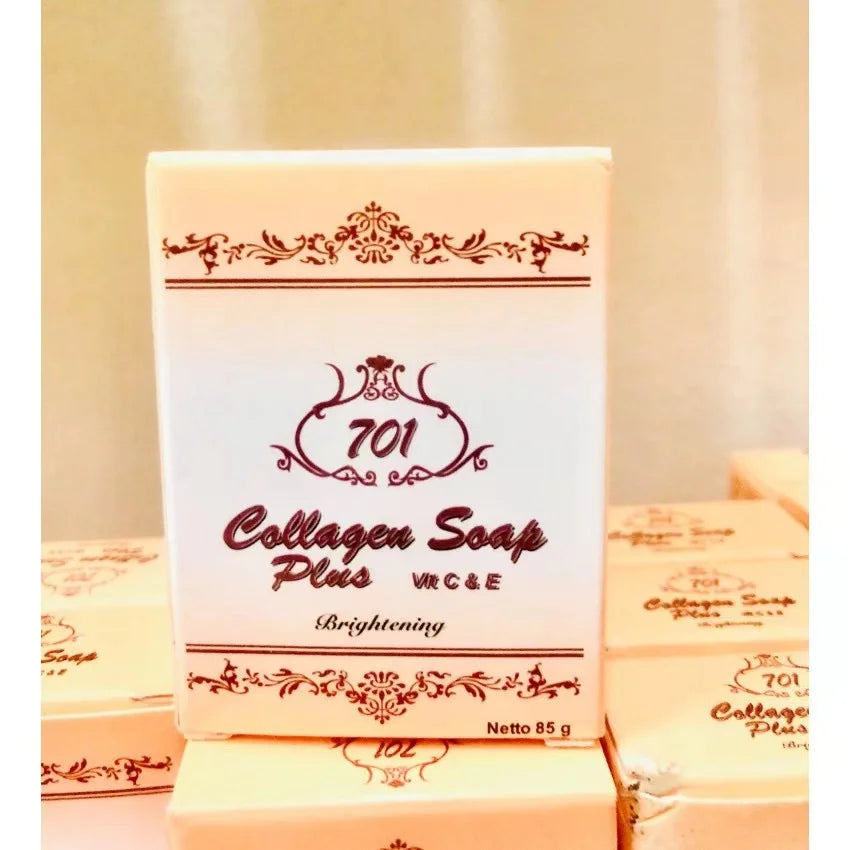 Collagen Soap Plus WC&E packaging with decorative elements on a beige background