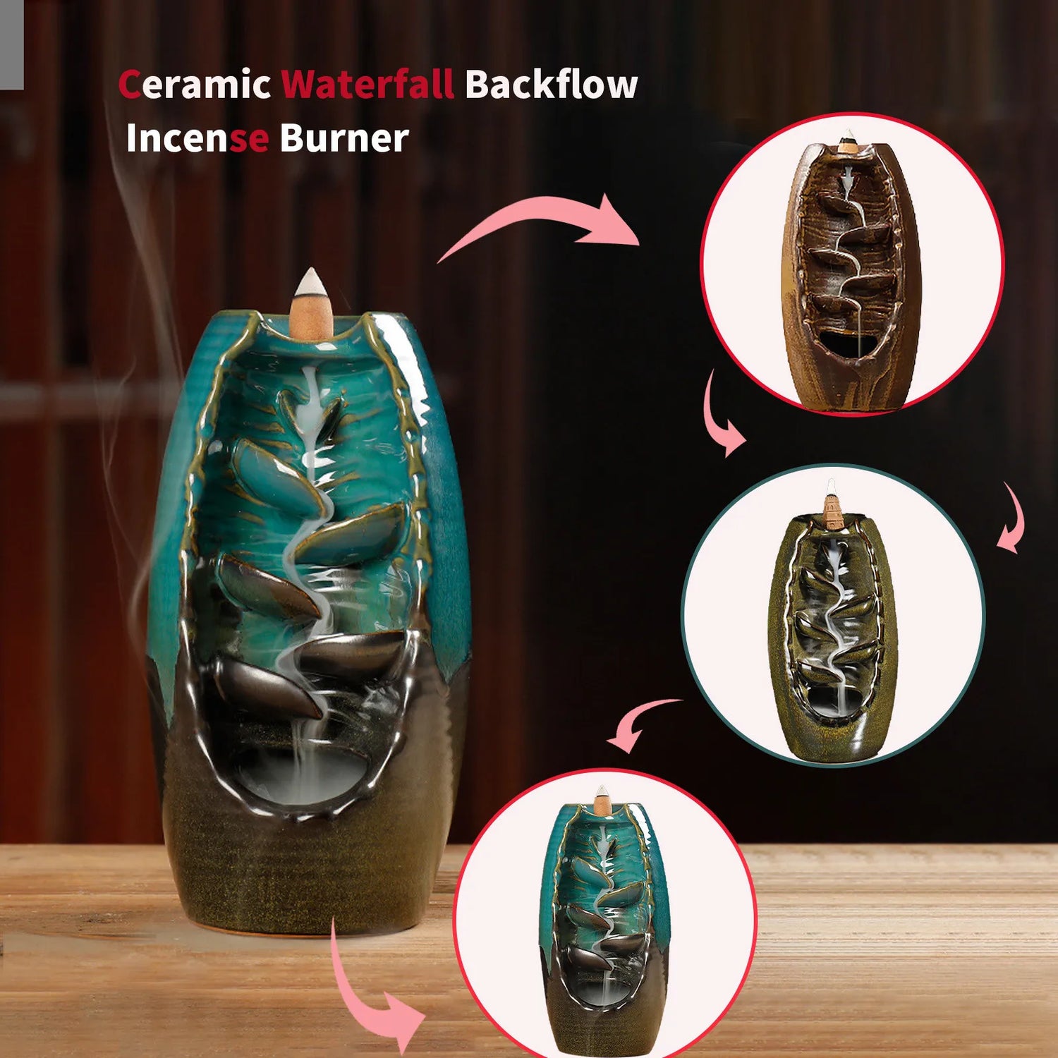 Ceramic waterfall backflow incense burner with detailed design on a wooden surface.