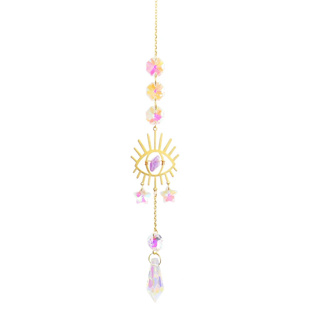 Decorative hanging ornament with sun design and colorful beads on a white background