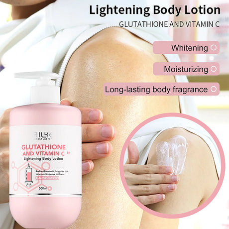 Lightening body lotion with glutathione and vitamin C on a person's skin, showing whitening and moisturizing effects.