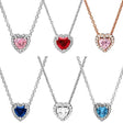 Set of heart-shaped gemstone necklaces in various colors on a white background