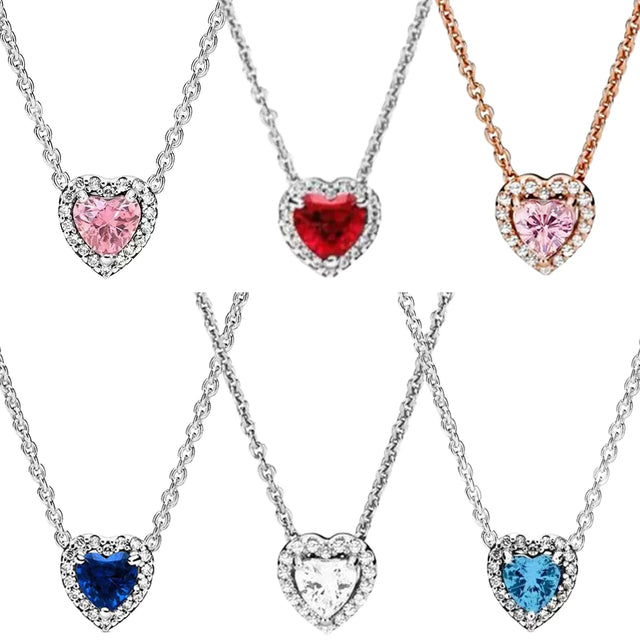 Set of heart-shaped gemstone necklaces in various colors on a white background