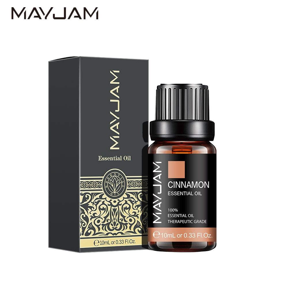 MayJam cinnamon essential oil bottle and packaging on a white background