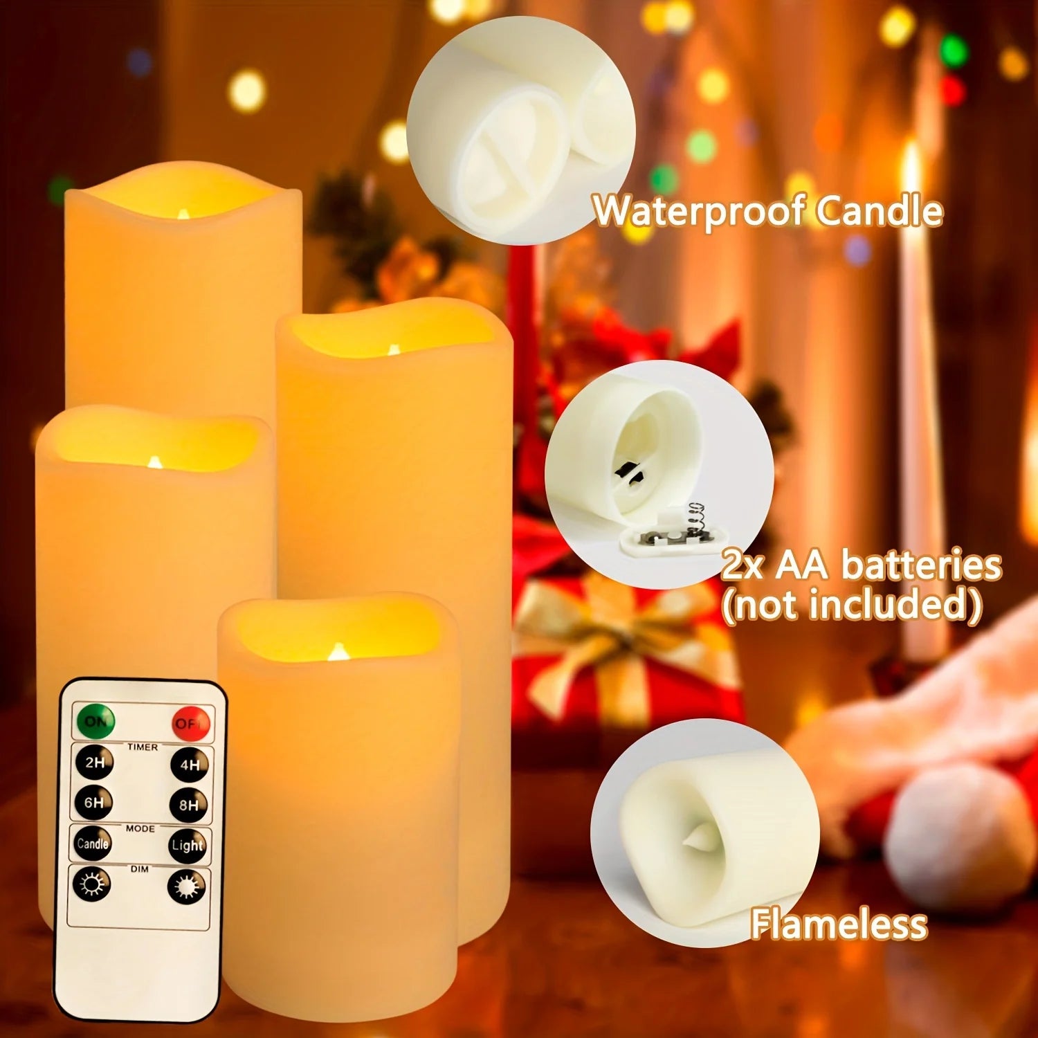 Set of flameless candles with remote control, highlighting waterproof feature and battery requirement.