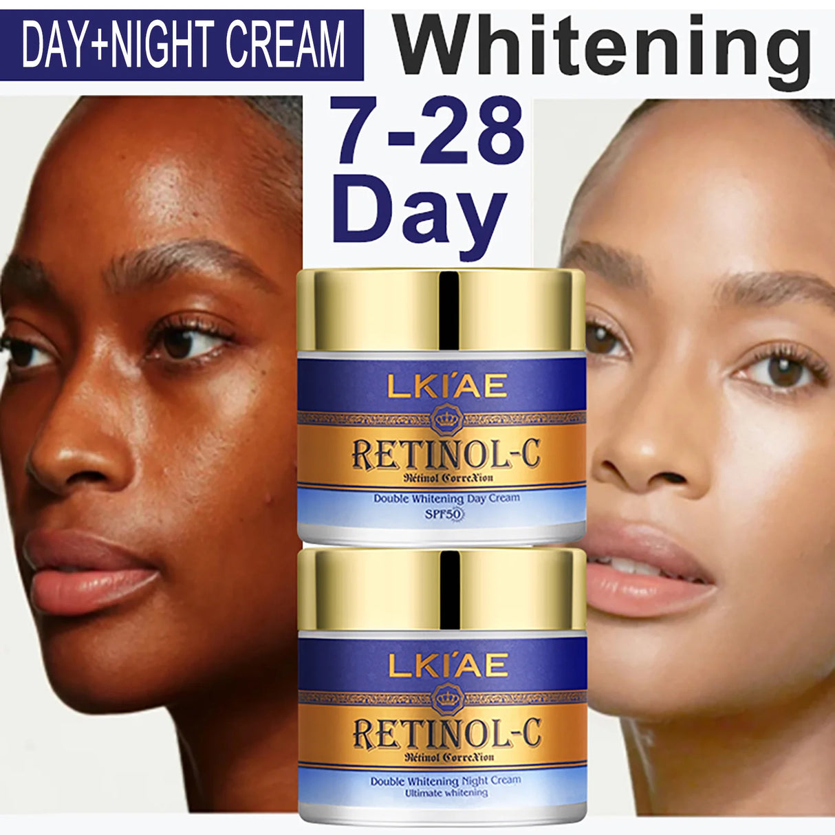 LKIAE Retinol-C cream packaging with before and after skin comparison on a white background
