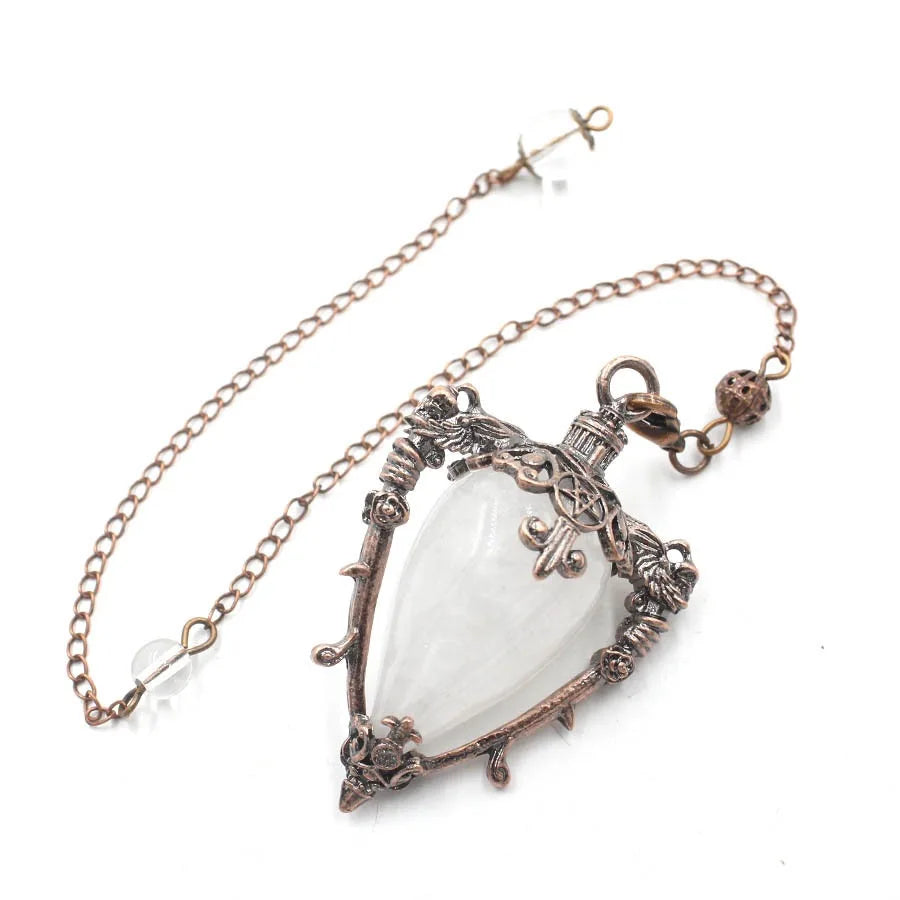 Necklace with a white teardrop pendant and bronze chain on a white background