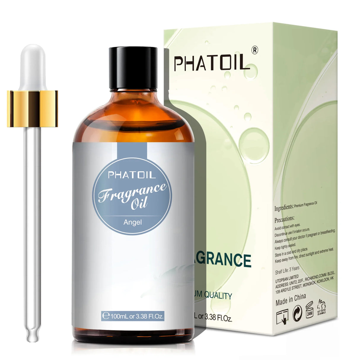 Phatoil fragrance oil bottle with dropper and packaging on a white background