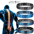 Metallic bracelets with health benefits displayed on a human skeleton illustration.