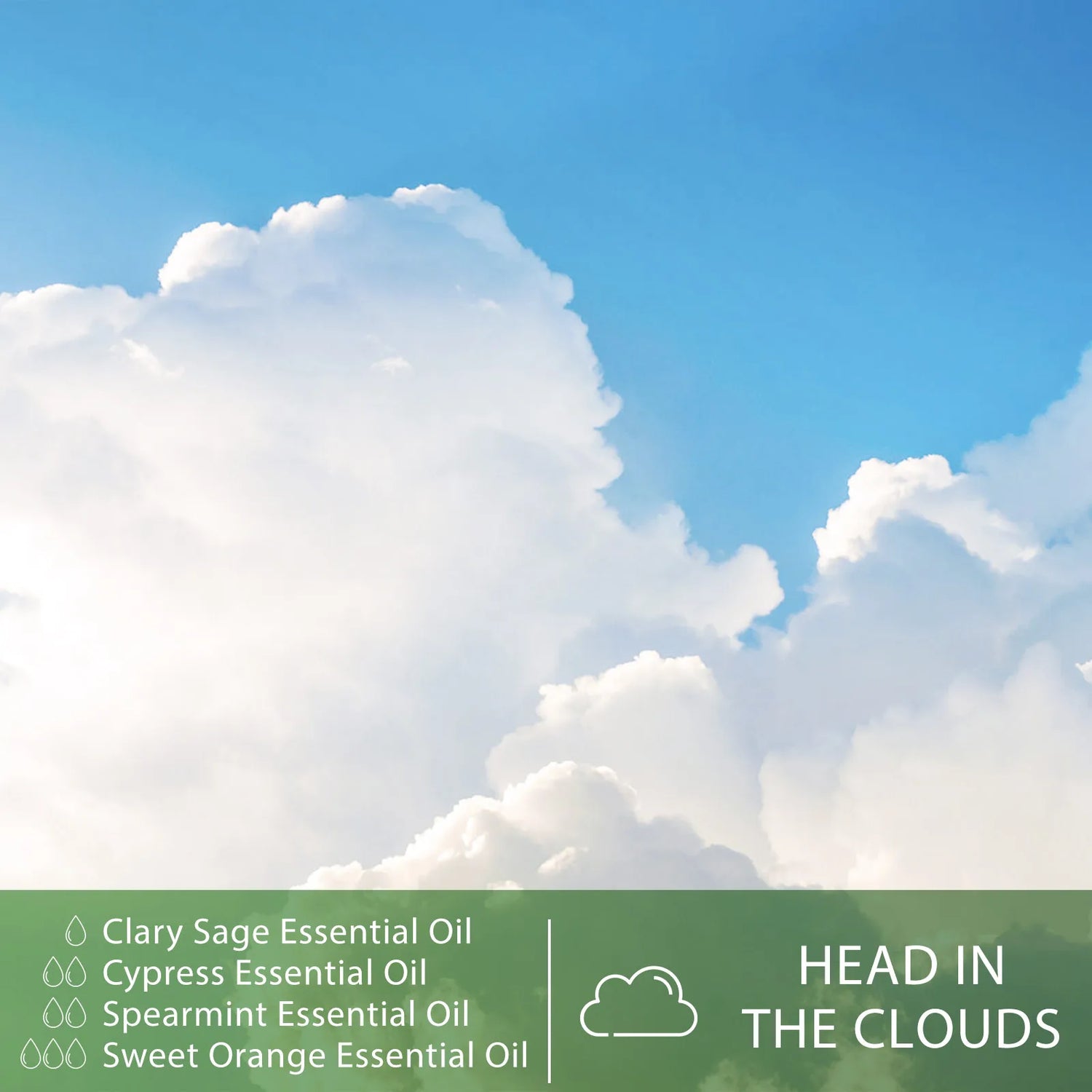 Cloudy sky with essential oil names and 'Head in the Clouds' text