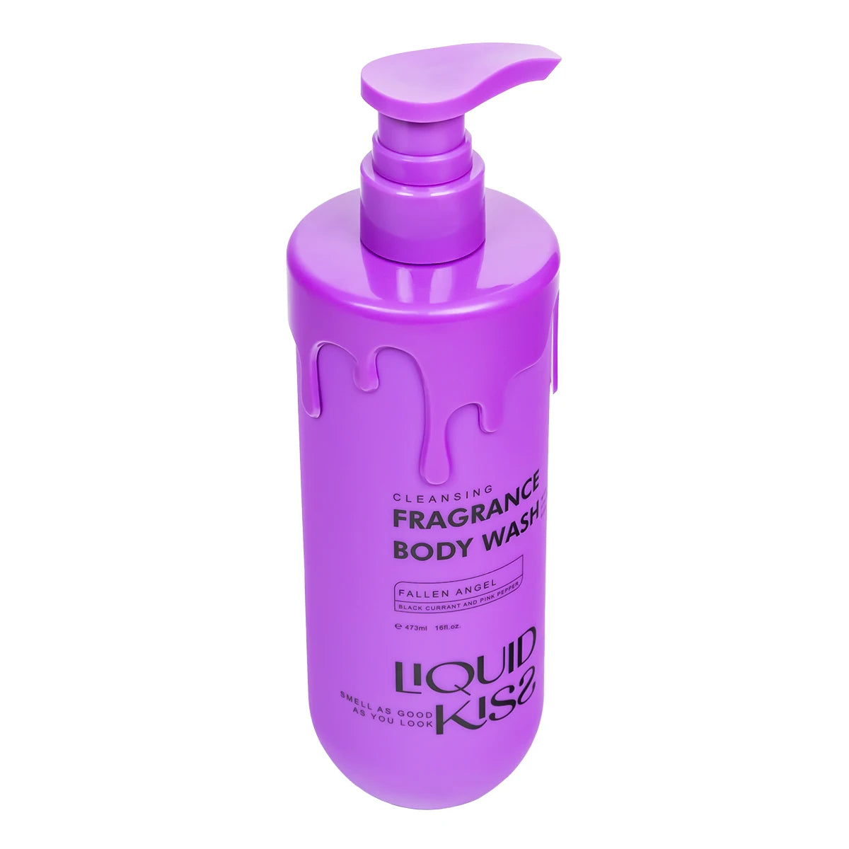 Purple bottle of Liquid Kiss body wash with pump on a white background
