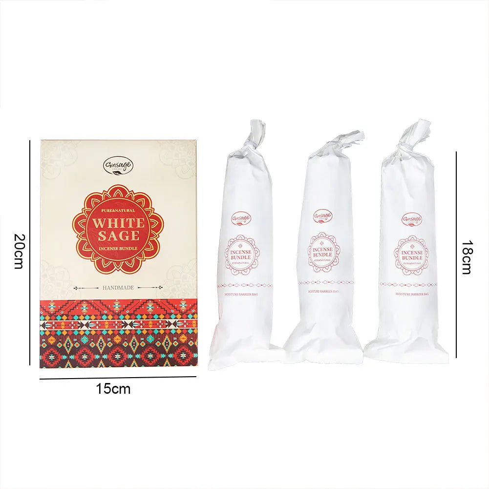 White Sage incense bundles with packaging and dimensions on a white background