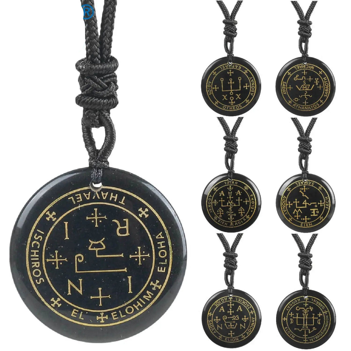 Black pendant with gold symbols on a white background, featuring the brand 'VGDS'.