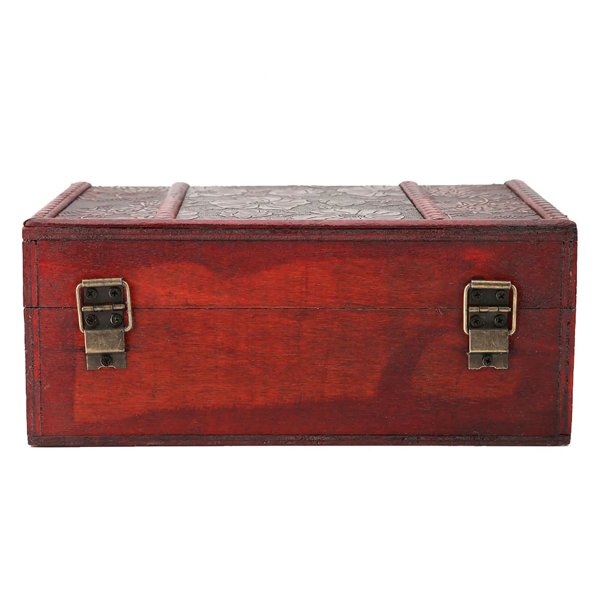 Red wooden box with brass locks on a white background