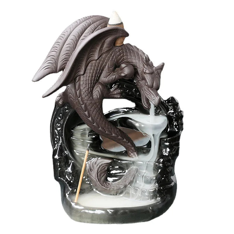 Dragon-shaped incense burner with smoke effect on a white background