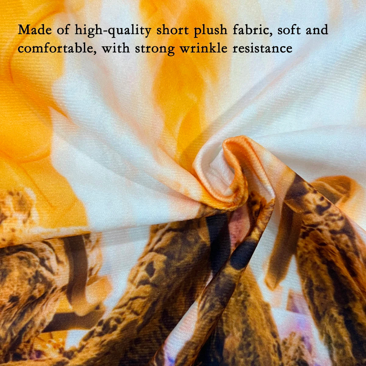 Close-up of high-quality plush fabric with a patterned design, text overlay about fabric properties.