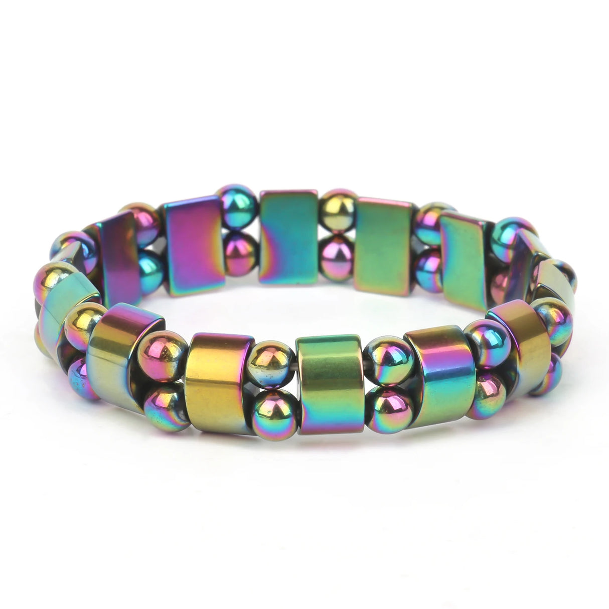 Multicolored beaded bracelet on a white background