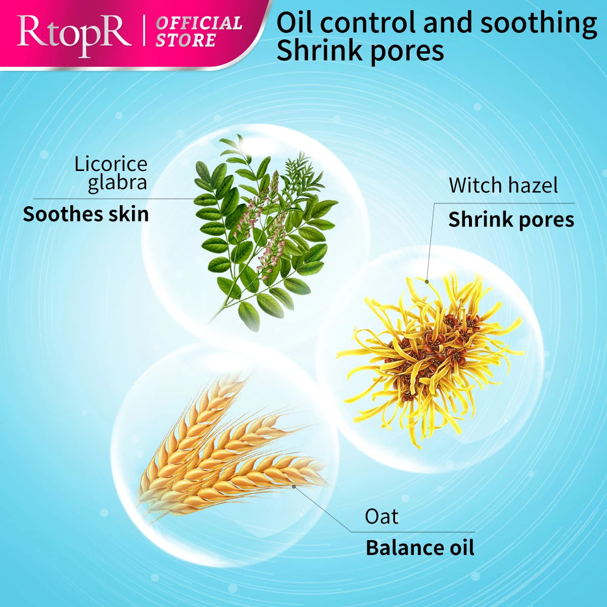 Illustration of licorice glabra, witch hazel, and oat with text on oil control and pore shrinking.