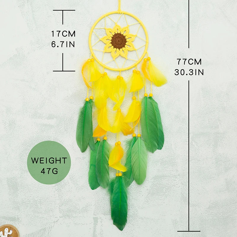 Yellow and green dreamcatcher with measurements and weight displayed on a light gray background