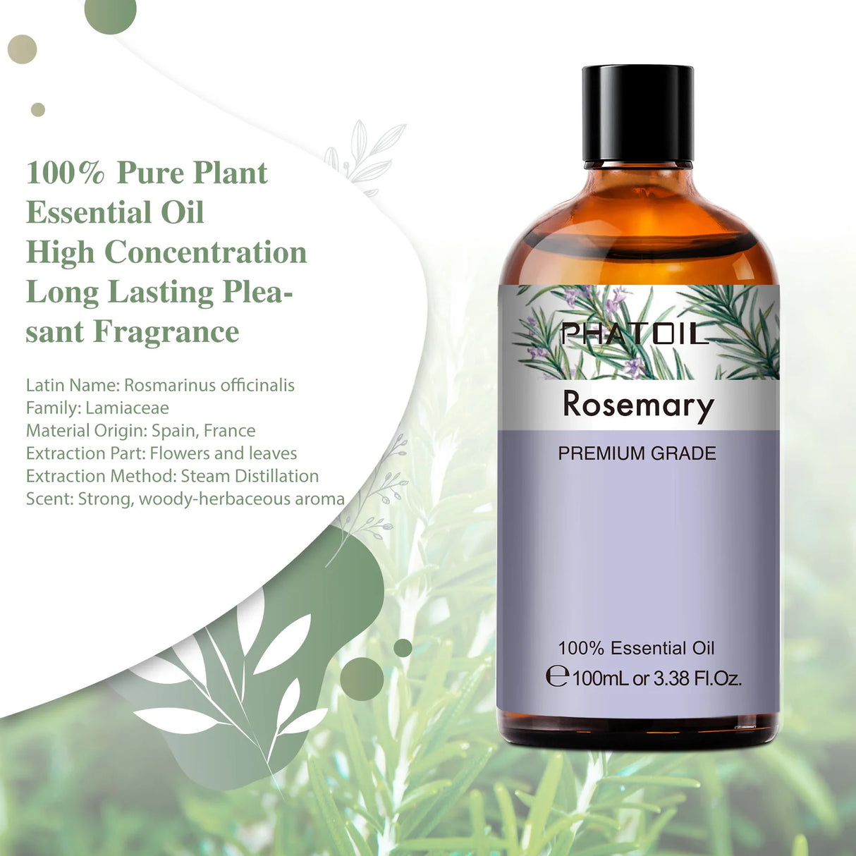 Rosemary essential oil bottle with label on a green leafy background