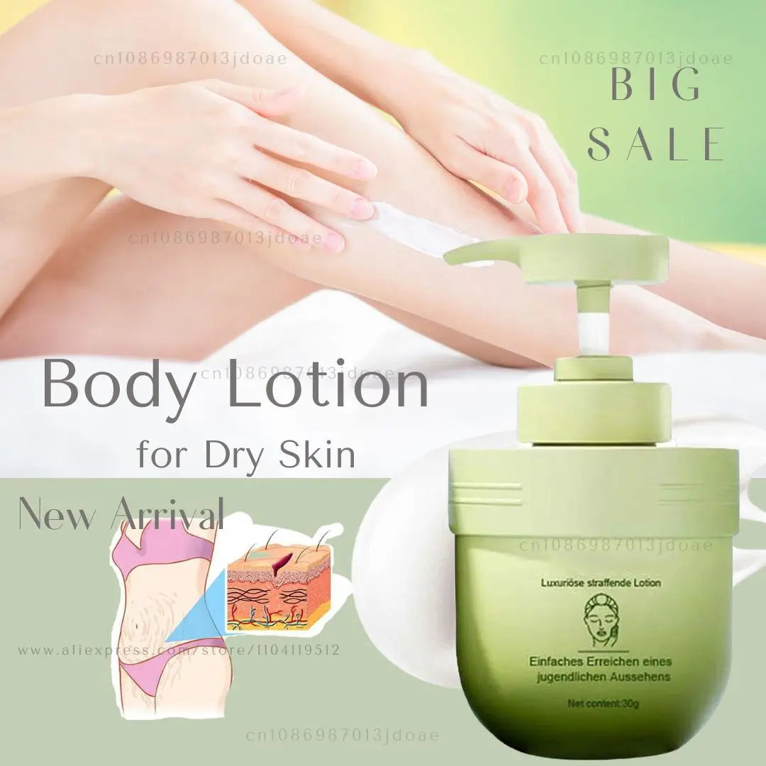 Green body lotion bottle with pump, hands applying lotion, and 'Big Sale' text on a green background.