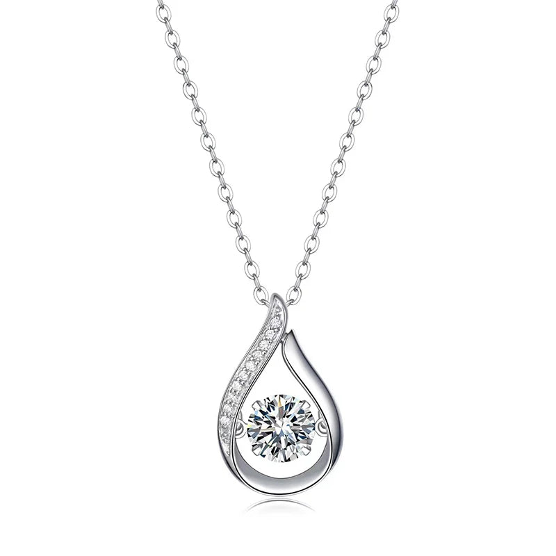 Silver teardrop-shaped pendant necklace with a diamond on a white background