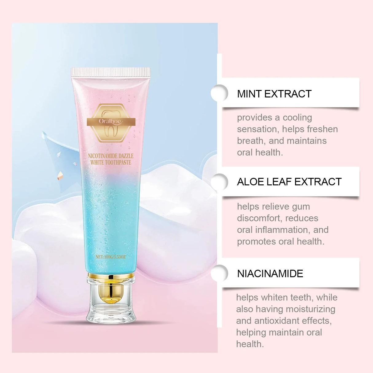 Toothpaste tube with ingredients listed on a pink and blue gradient background