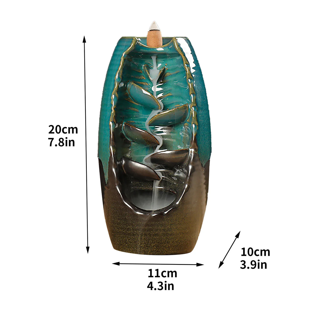 Teal and brown ceramic incense burner with dimensions indicated on a white background