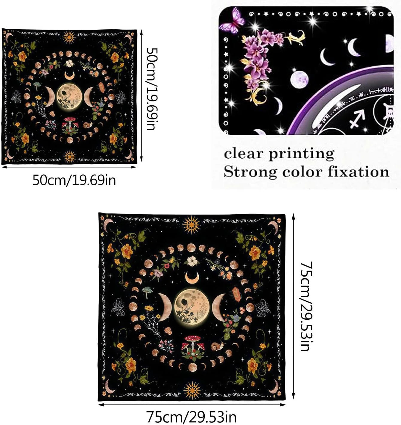 Decorative tapestry with celestial design, measurements, and printing quality text.