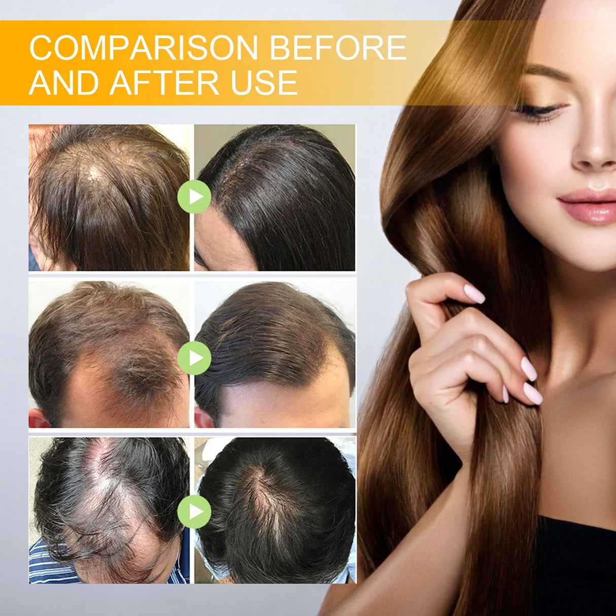 Before and after comparison of hair treatment on a person with long, healthy hair.