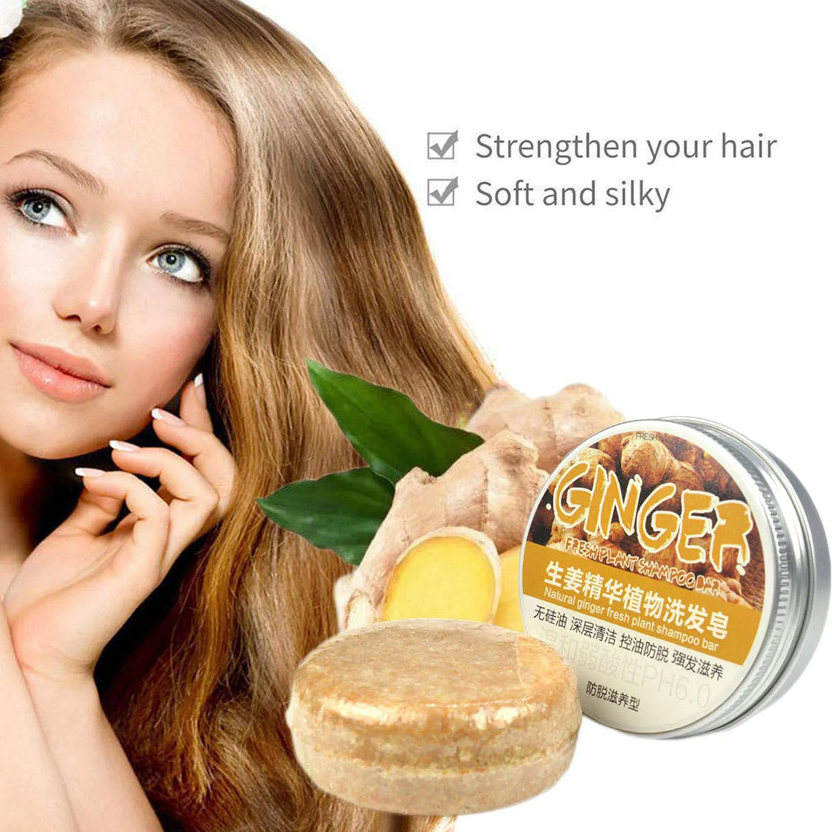 Woman with long hair holding a ginger soap bar with a container labeled 'Ginger' in the background.