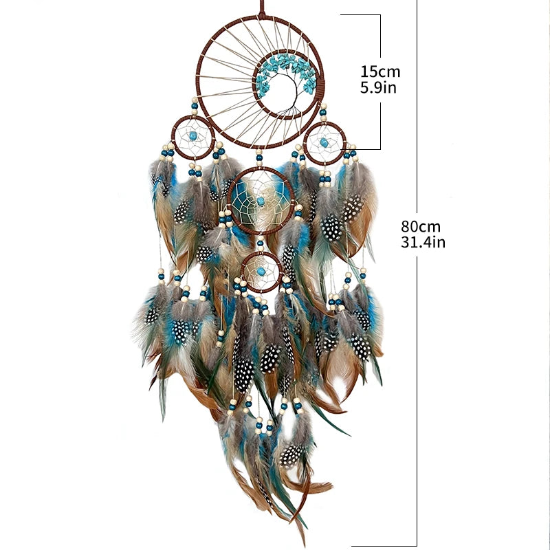 Dreamcatcher with feathers and measurements on a white background