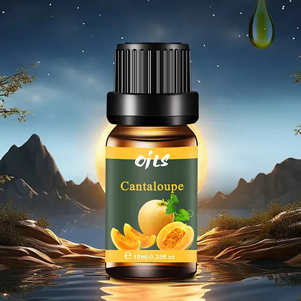 Bottle of 'Cantaloupe' oil with a scenic background