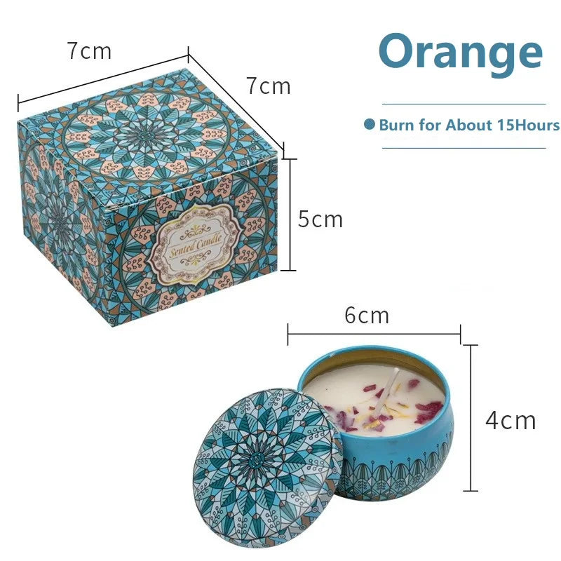 Candle packaging with dimensions and product details on a white background