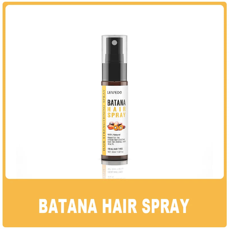 Batana hair spray bottle on a white background with a yellow banner at the bottom.